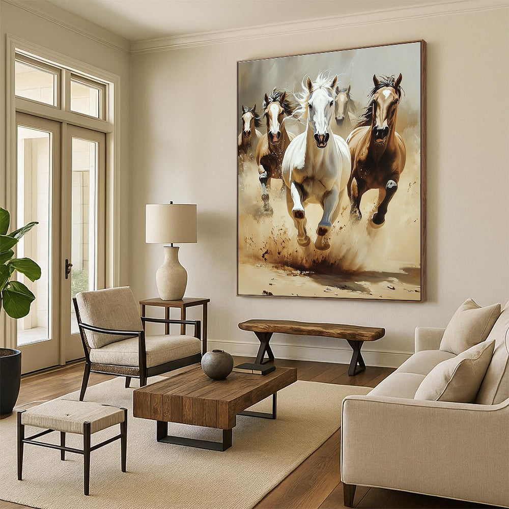 An abstract painting featuring horses in motion with dust clouds around them capturing the essence of speed and natural beauty in a simple landscape.STSC1013