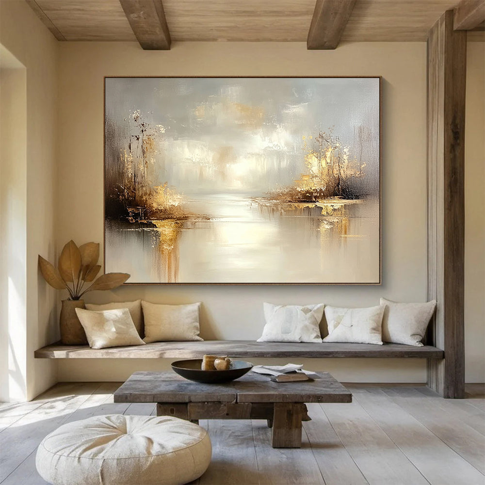 Large abstract oil painting of a misty lake featuring grey and beige tones with stunning gold accents for a serene ambiance.SC117