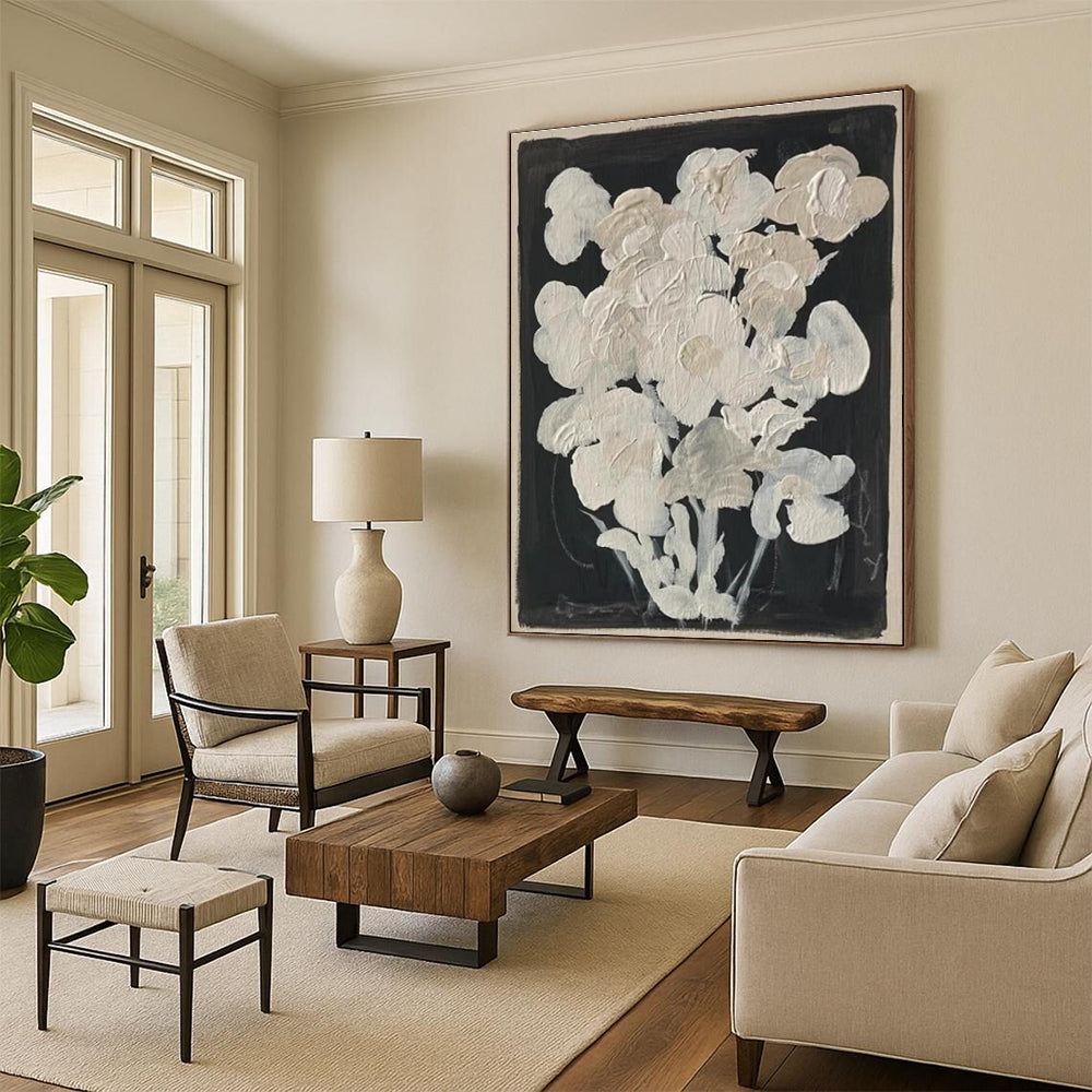 White Flowers on Black Background Abstract Floral Painting ADGE140