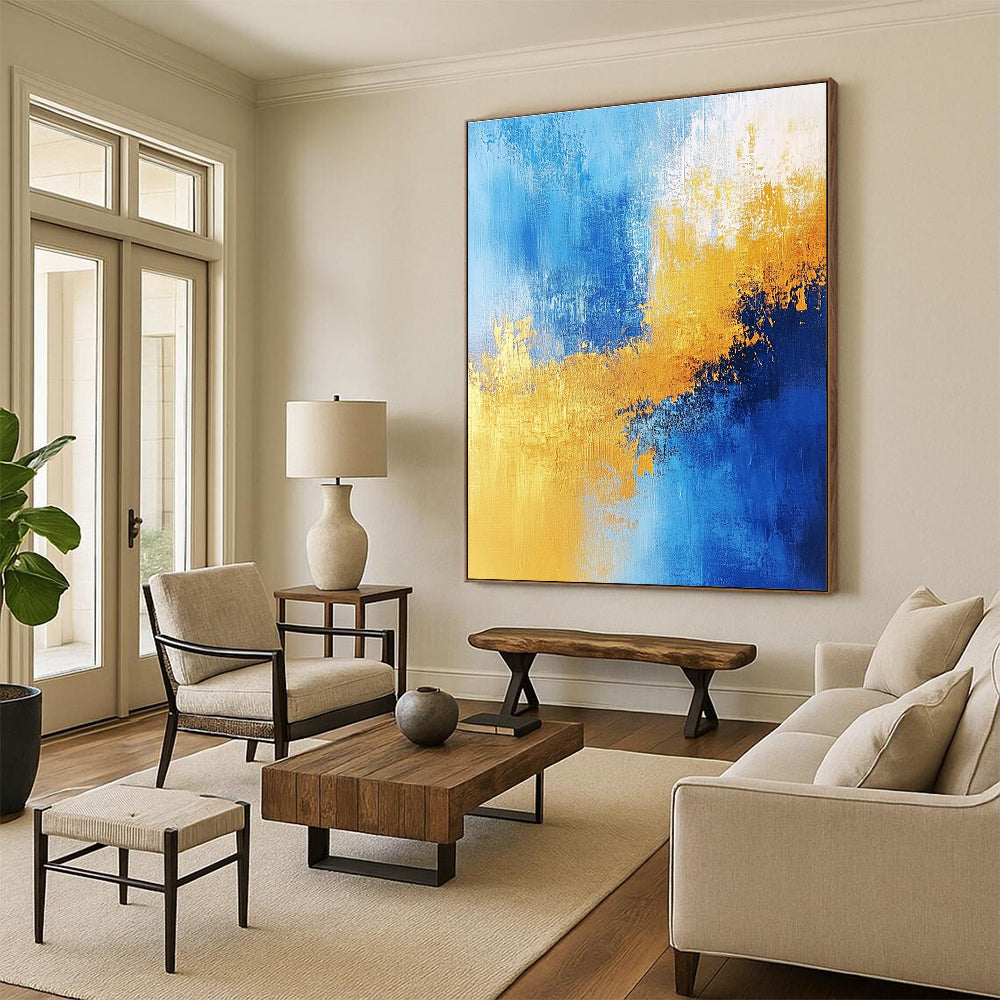 Vibrant Blue and Gold Abstract Painting with Energetic Splashes GER379