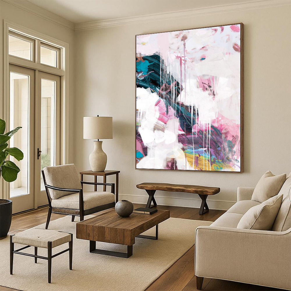Pink and White Dripping Abstract with Soft Tones Painting ADGE192