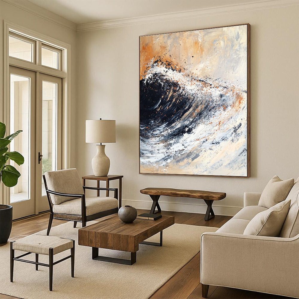 Large abstract painting featuring textured brush strokes of black and white with rusty orange and brown accents.STSC140