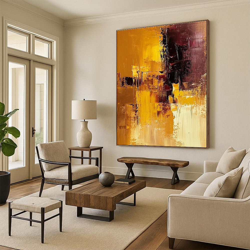 Large abstract painting in warm brown and yellow tones showcasing a textured surface for a striking artistic statement.STSC603
