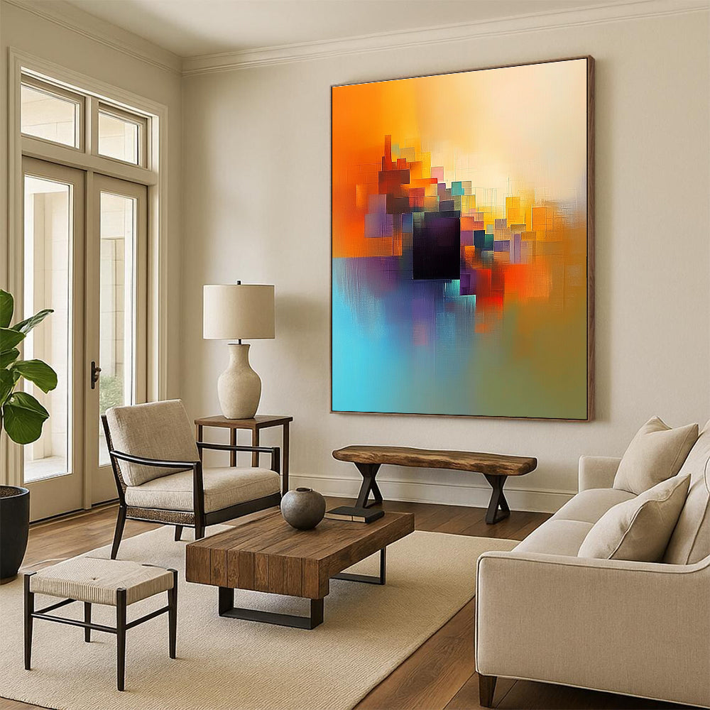 Large abstract painting featuring light orange blue and yellow colors with a serene cityscape and a central dark brown cube.STSC687