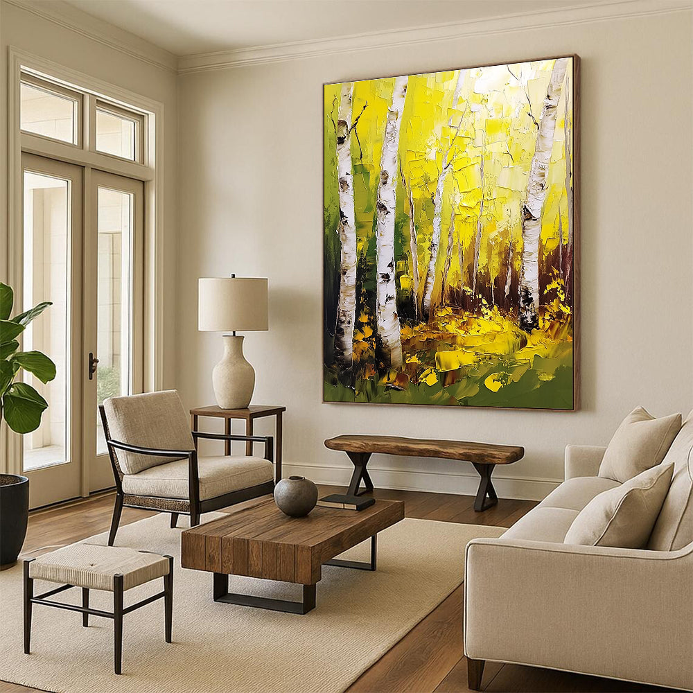 Large abstract painting of birch trees with thick brush strokes and a palette knife featuring vibrant yellow and green leaves in a forest.STSC1387