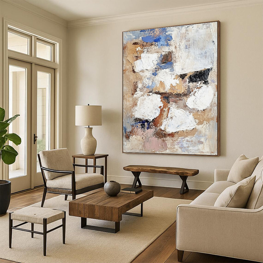 Beige Blue White Abstract Painting with Patchwork Design GER763