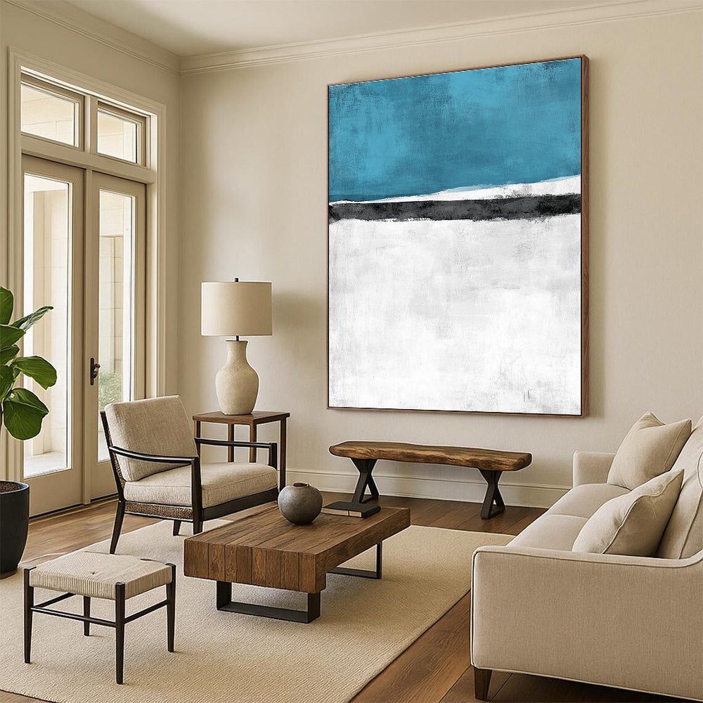 Large Abstract Landscape Painting Featuring a Snowy Field with Sea and Sky in an Elegant Minimalist Watercolor Style.STSC523