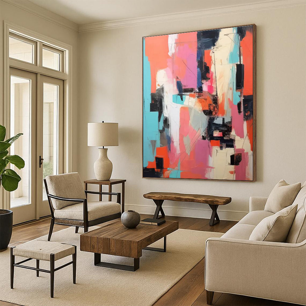 Vibrant Color Collage Abstract Painting with Pink, Orange, and Blue ADGE127