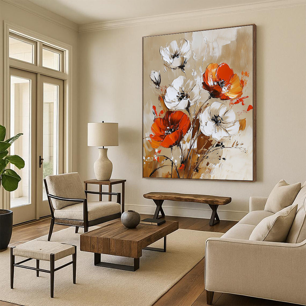 Large abstract painting featuring vibrant white orange and red flowers on a beige background with dynamic brushstrokes.STSC1127