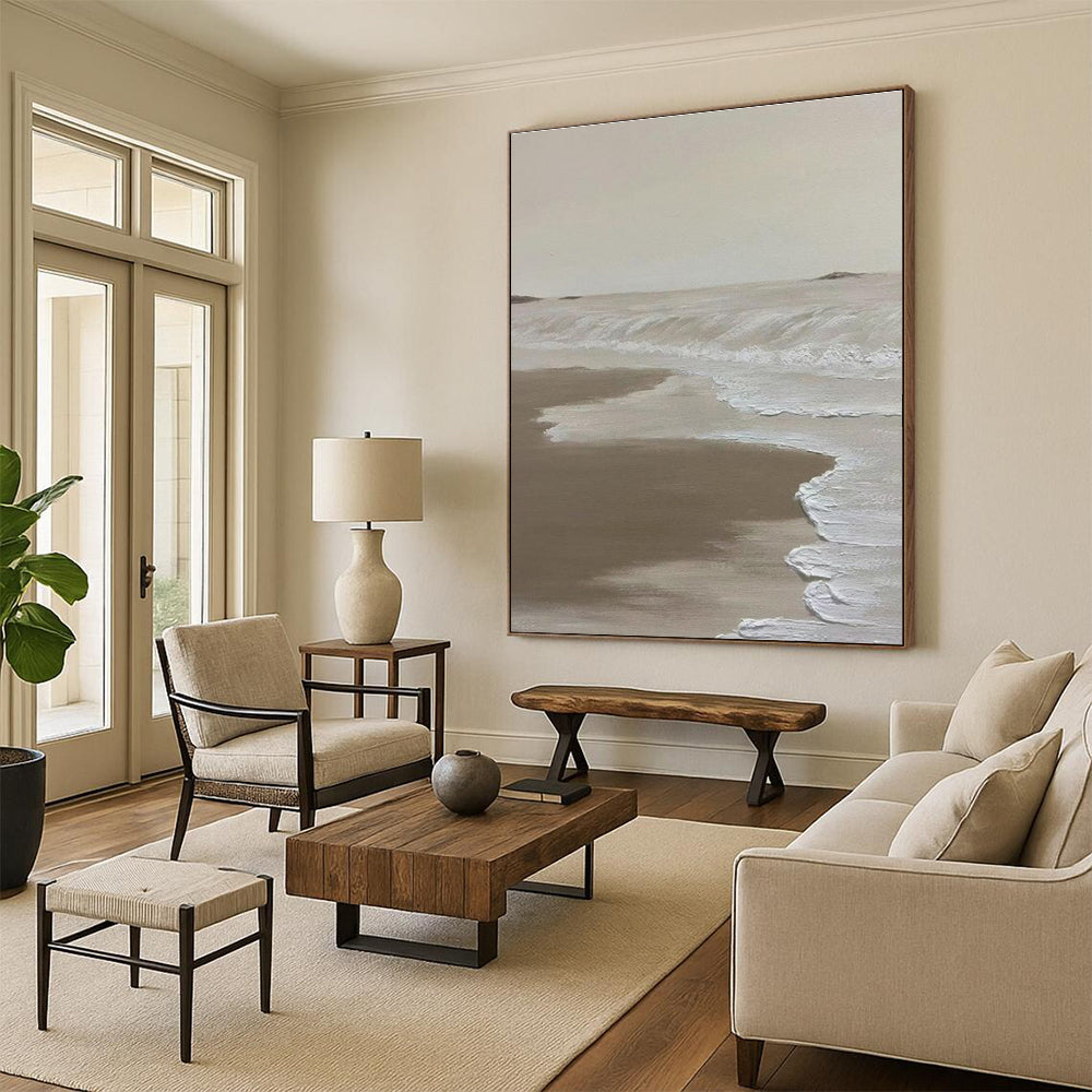 Beige and White Seaside Abstract Painting with Textured Waves ADGE521