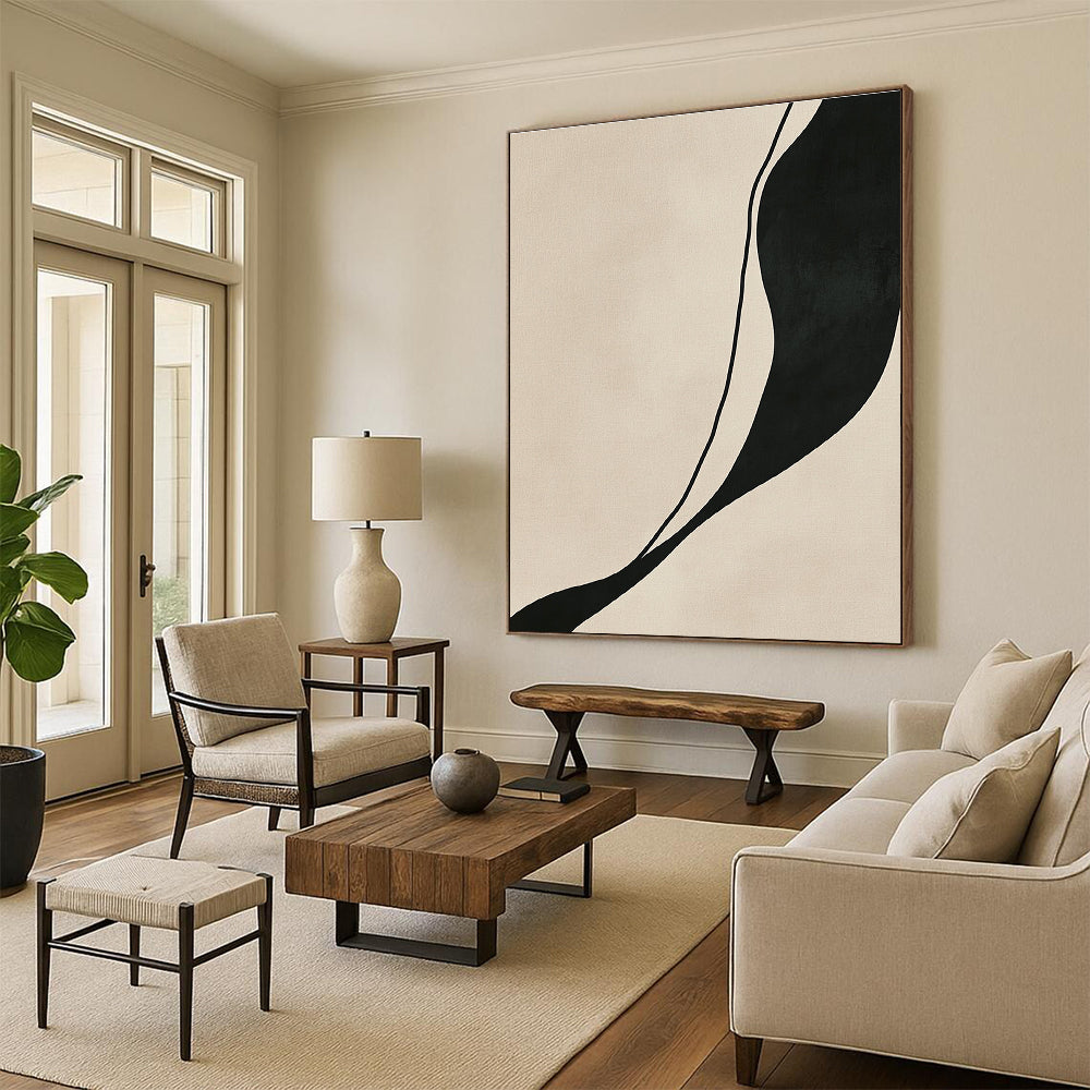 Black Beige Curved Line Abstract Painting GER843