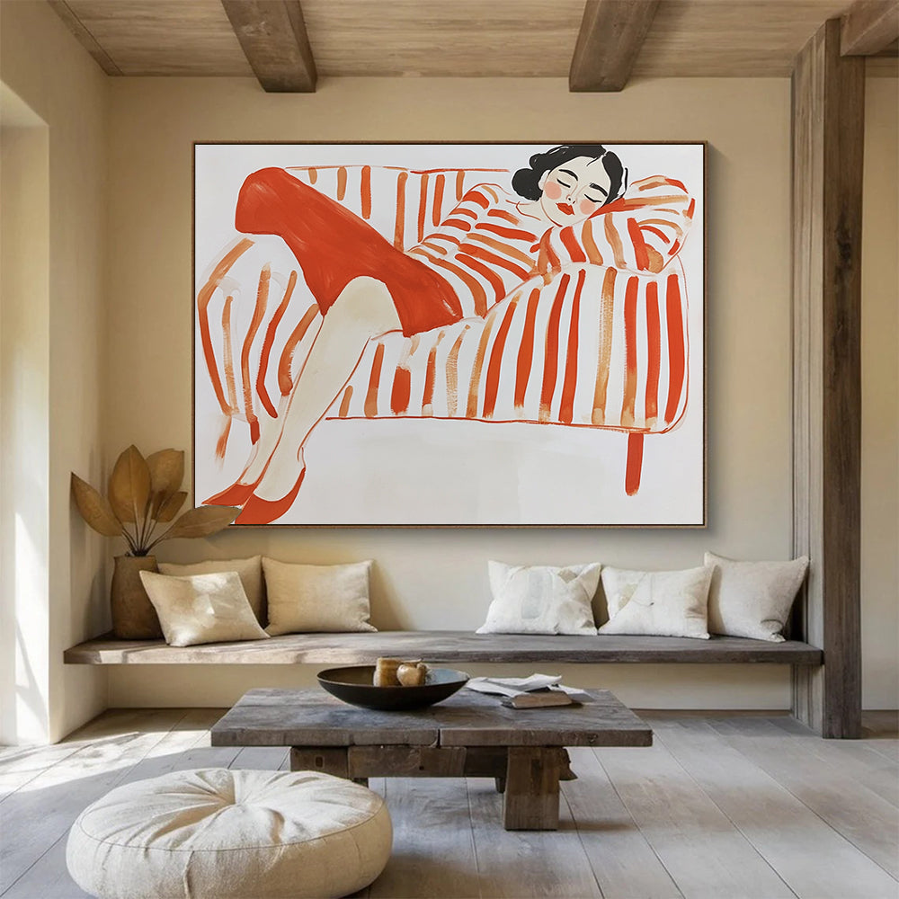 A large abstract painting in gouache featuring a woman lounging on a striped couch with simple lines in red and orange hues on a white background.SC496
