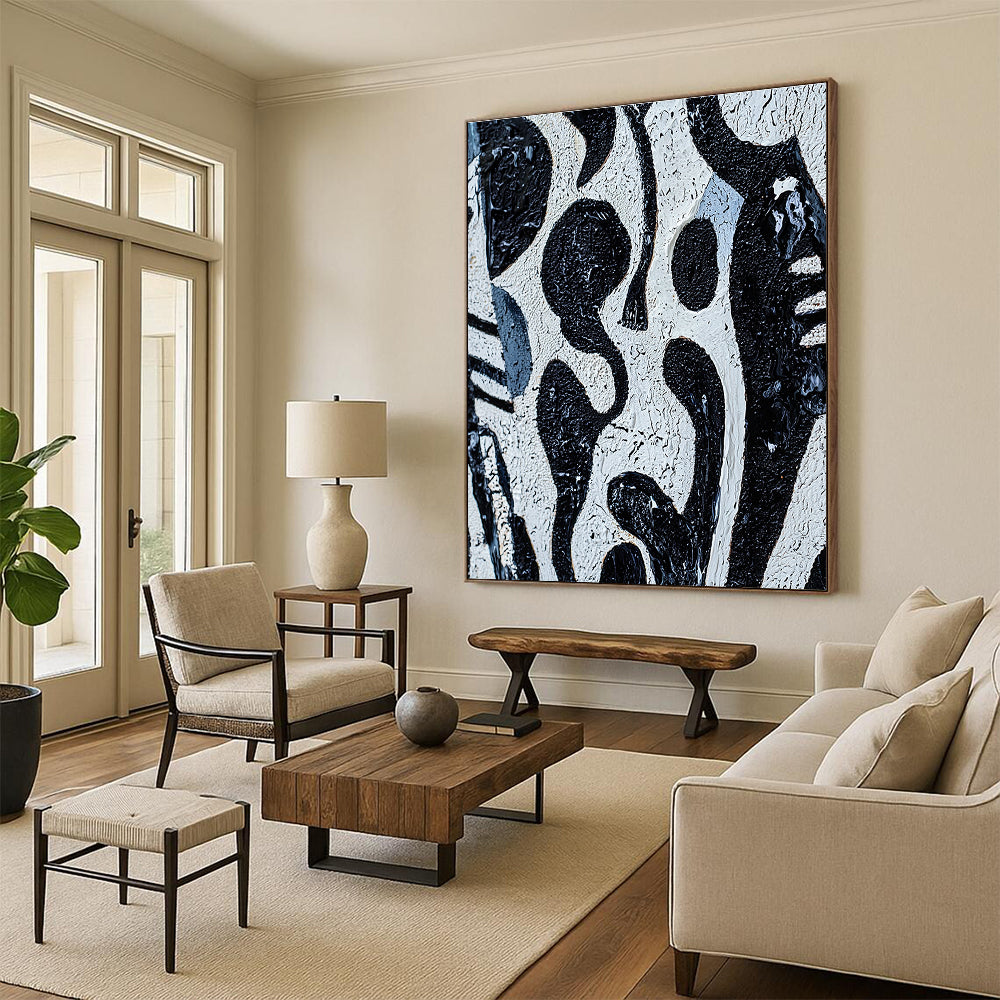 Black and White Textured Abstract Painting with Irregular Shapes GER050