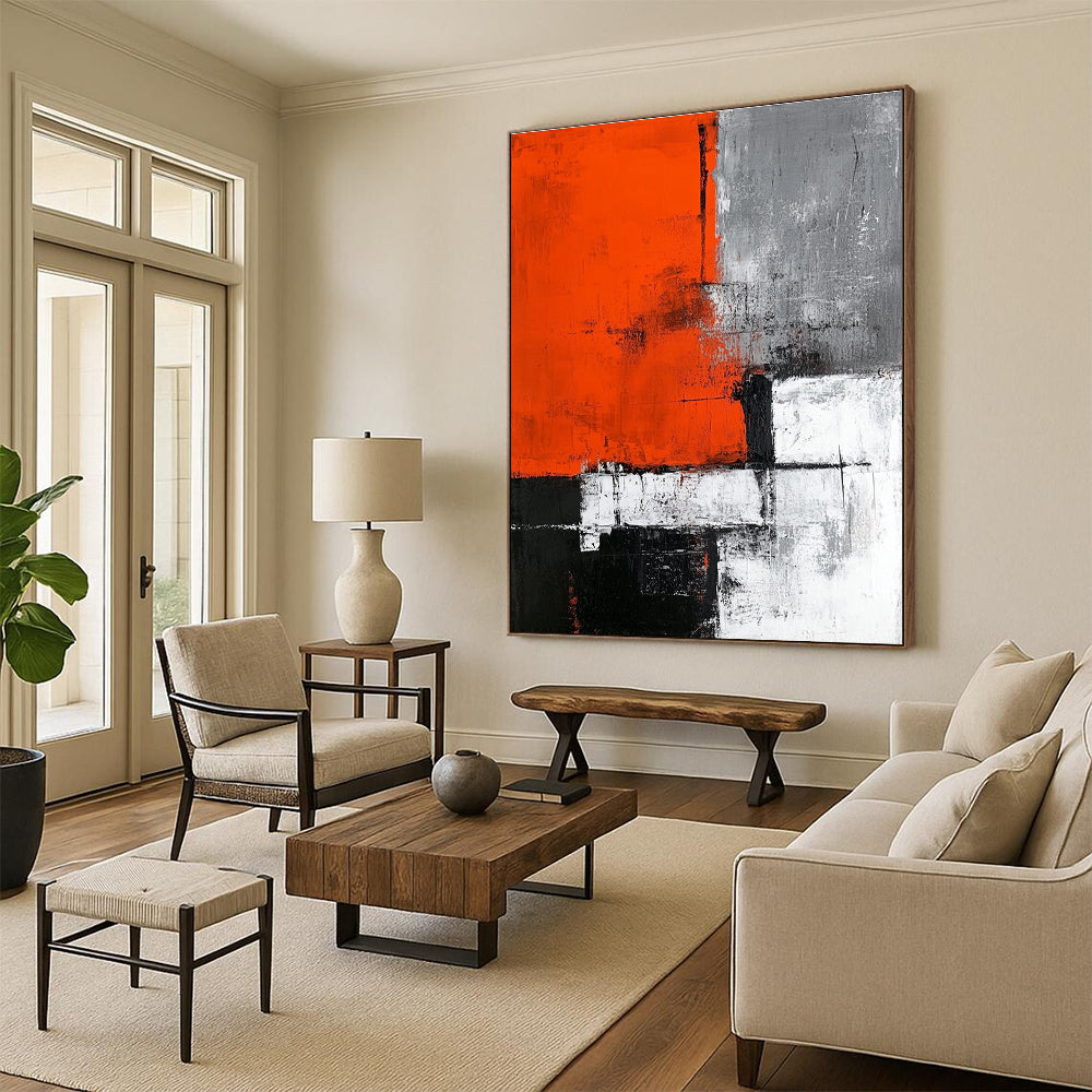 Orange Gray and Black Abstract Painting with Textured Blocks GER660