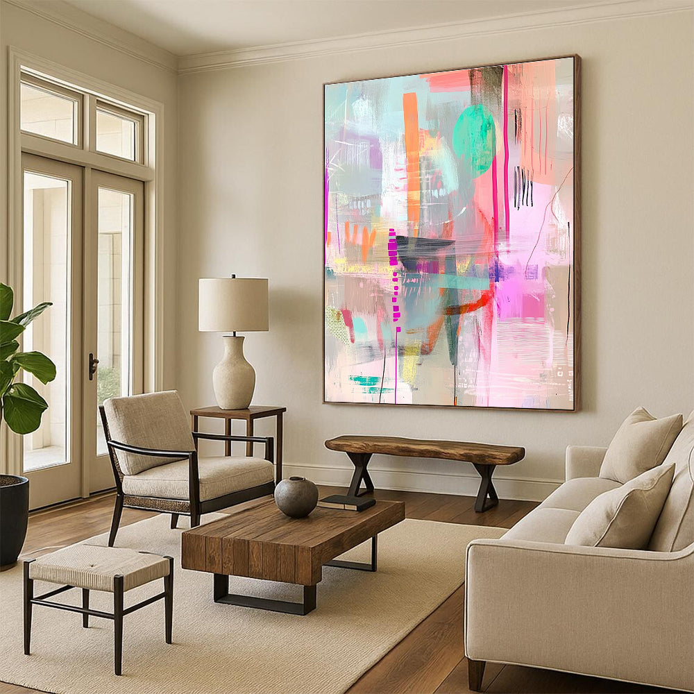 A large abstract painting with pastel colors and textures creating depth and motion featuring soft edges and whimsical patterns in pink green blue and brown.STSC1022