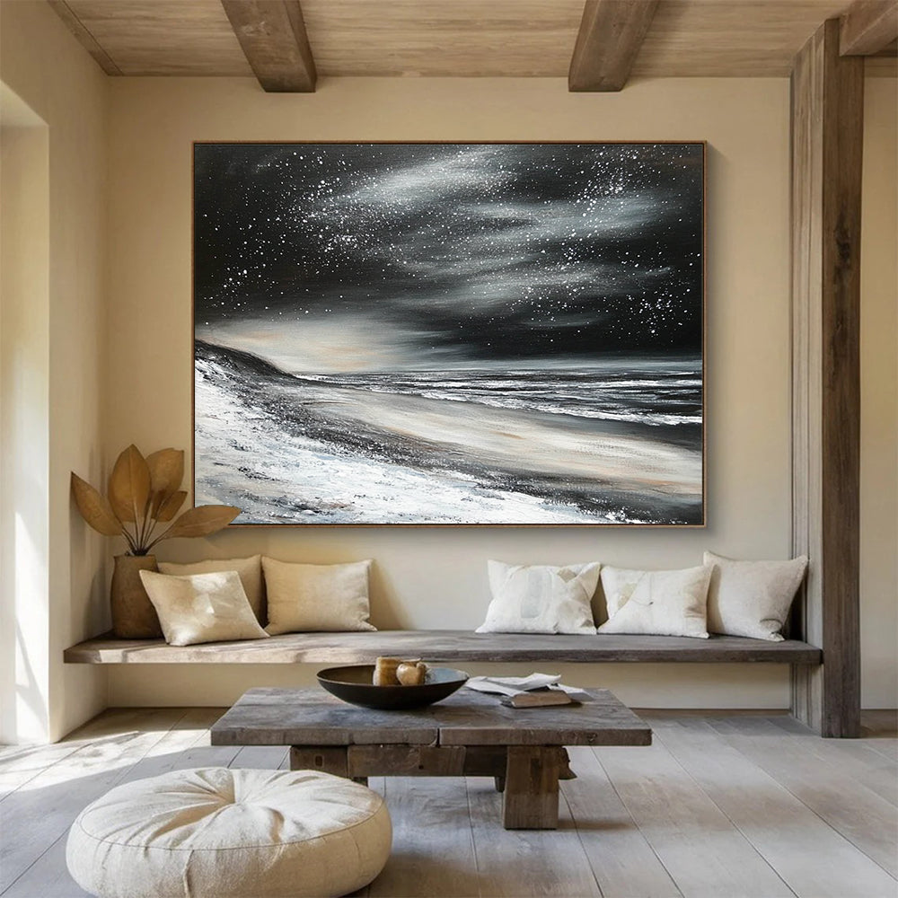 Starry Night Beach Abstract Painting in Black and White DYP453