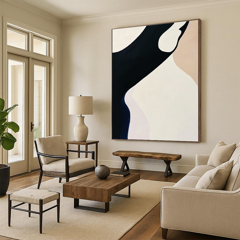 Black White and Beige Abstract Painting with Smooth Curves GER051