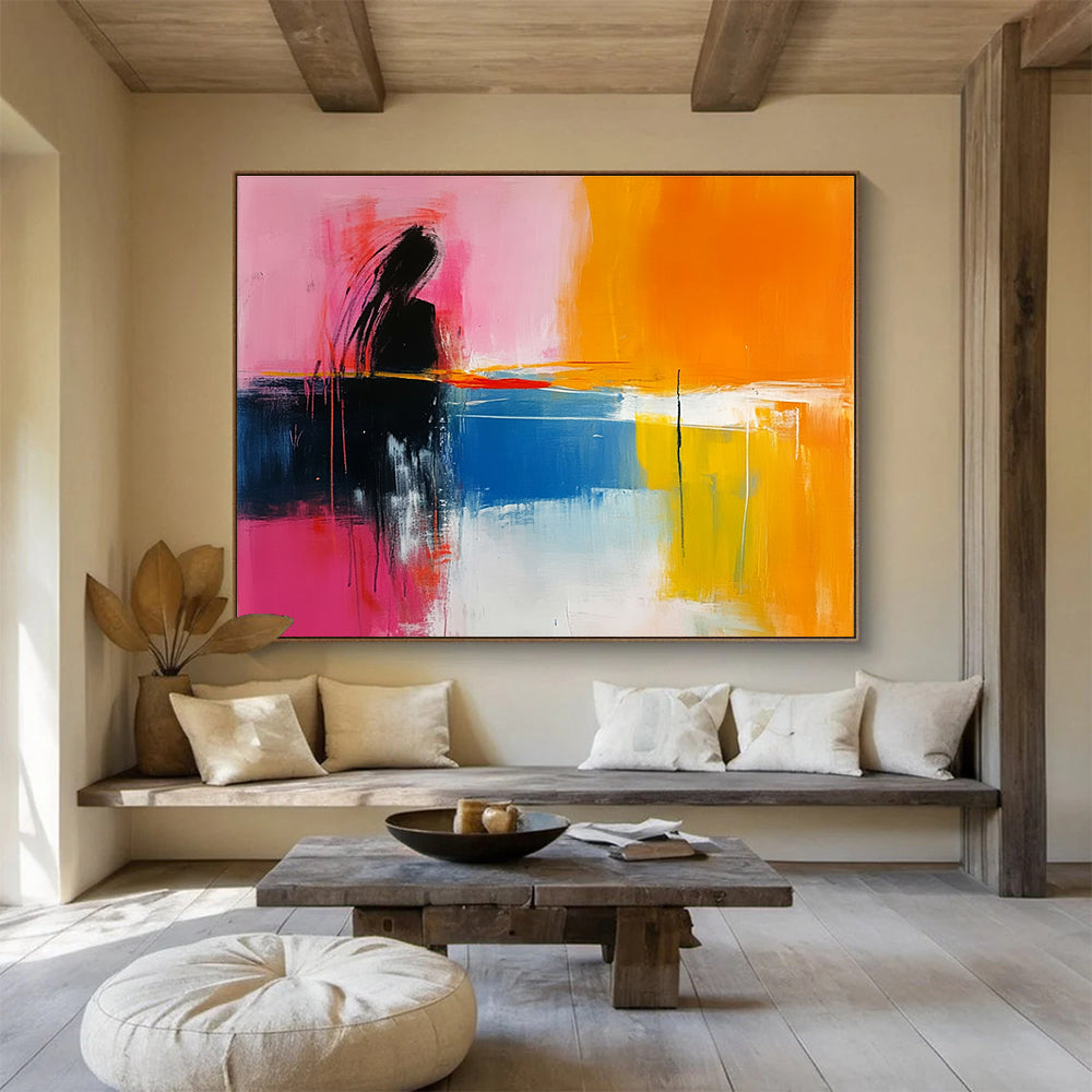 Large abstract painting featuring pink yellow orange and blue tones with a calm sea and sunset in a minimalist style.SC250