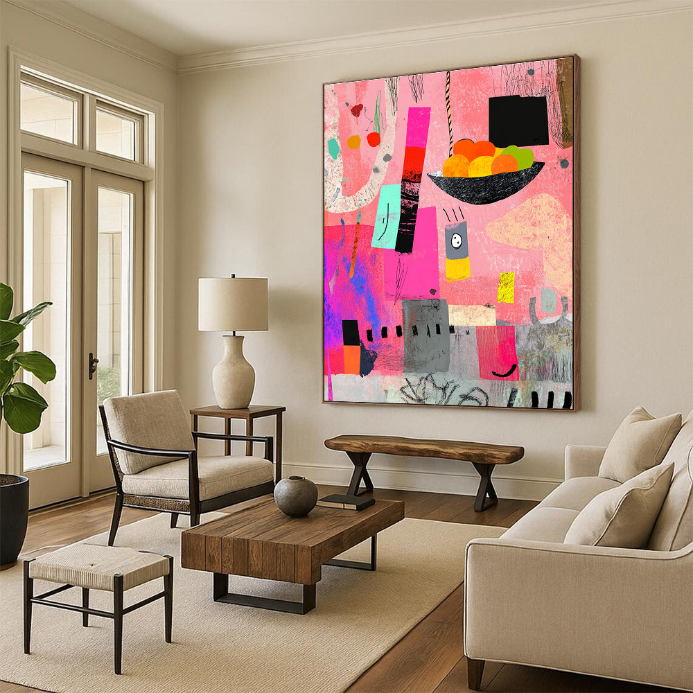 A large abstract painting featuring pink gray and black shapes with a bowl of fruits colorful scribbles and artistic texture elements.STSC969