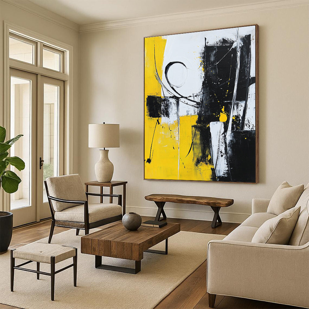 Yellow Black and White Abstract Painting with Dynamic Strokes GER511