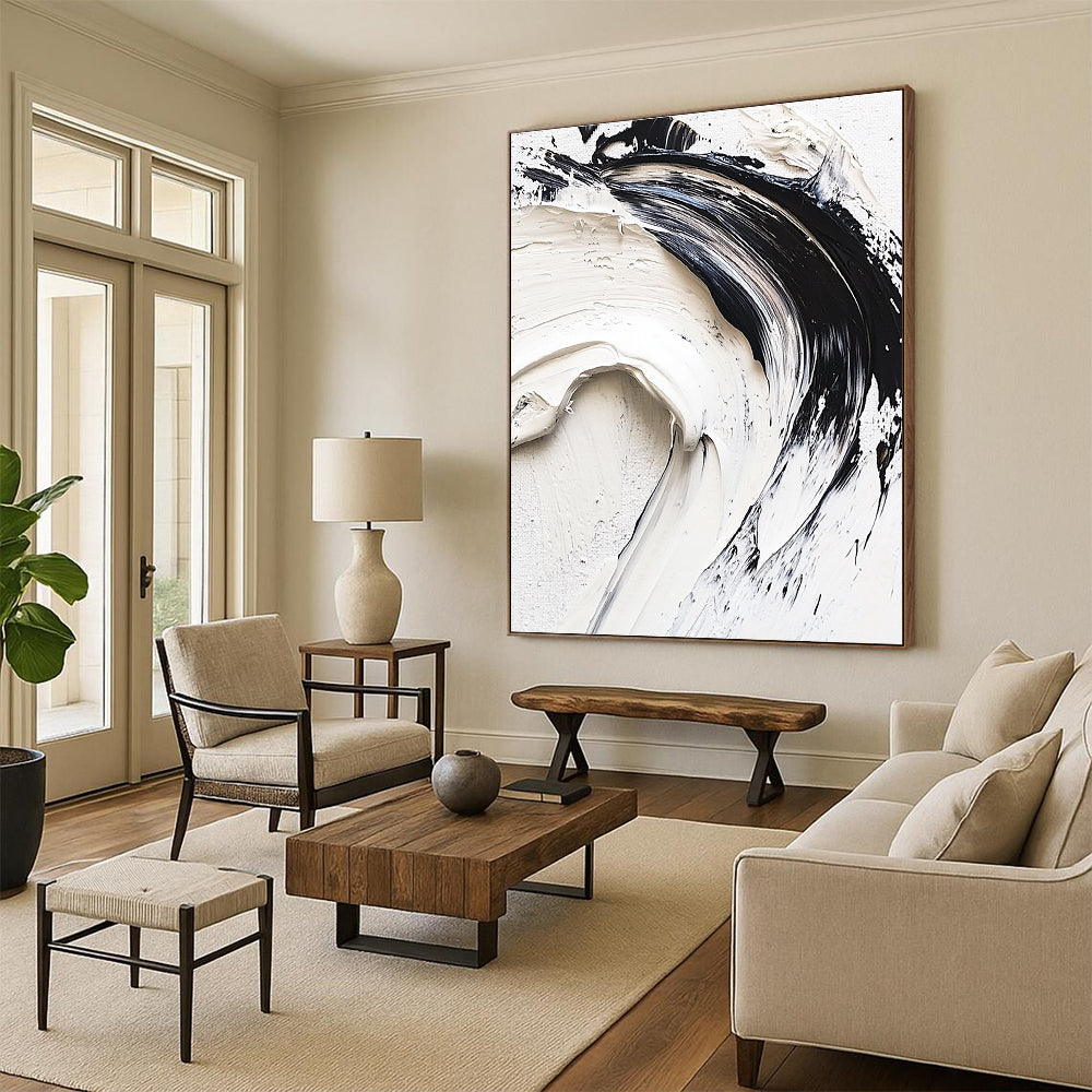 Black White Abstract Painting with Textured Swirls GER737