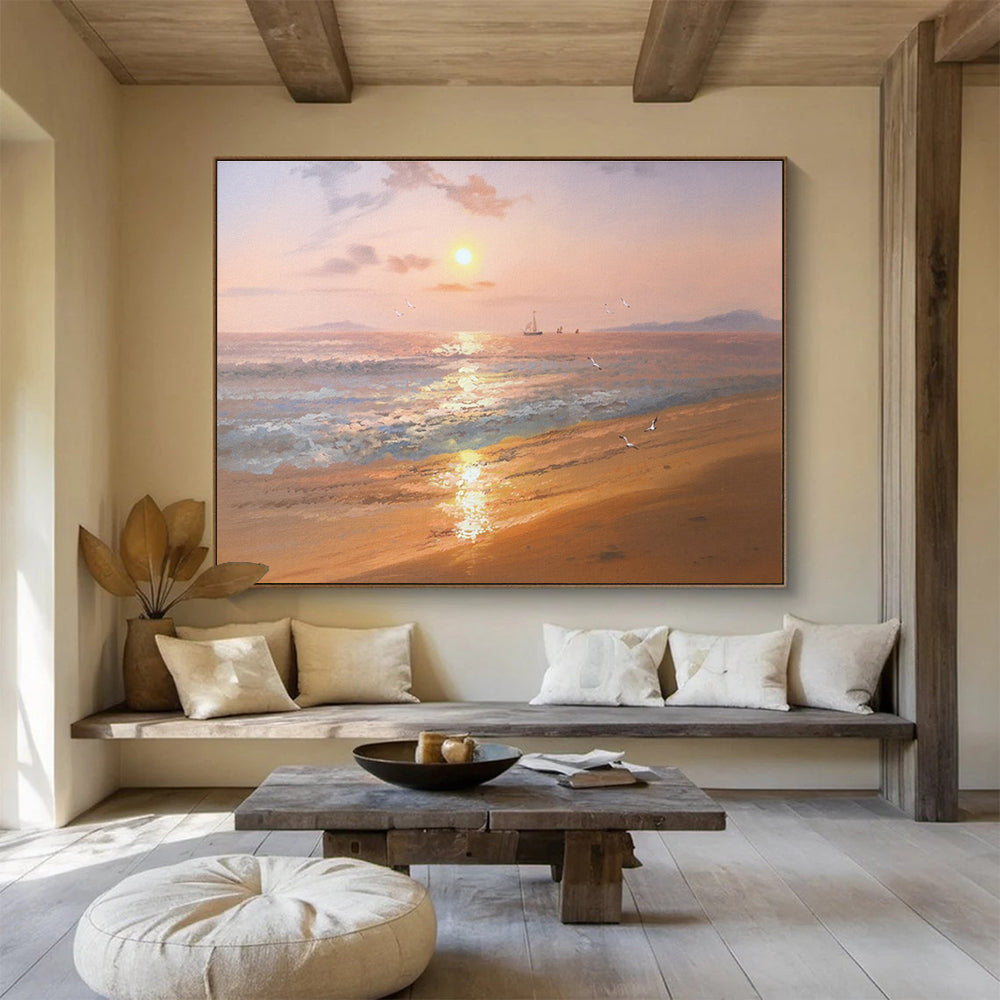 Serene Seaside Sunset Abstract Painting with Warm Coastal Tones THY271