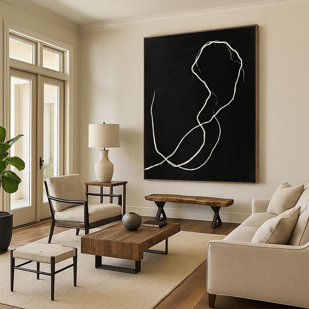 A large abstract drawing featuring white lines on a black background with elegant curves and delicate ink washes inspired by dark art style.STSC1189