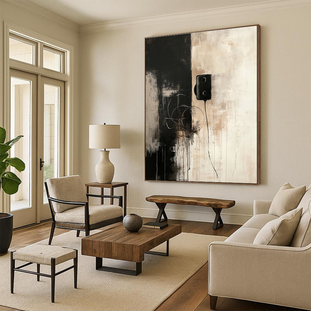 Abstract painting featuring a dark gray and beige color scheme with an old telephone and connecting wires evoking solitude and contemplation.STSC727