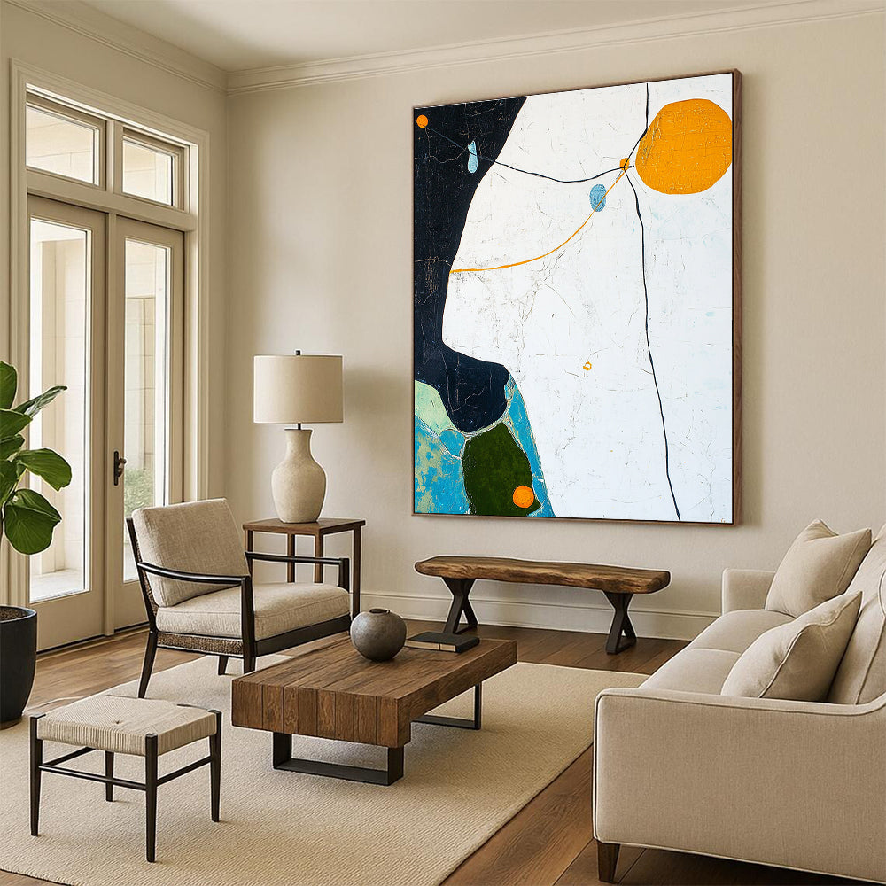 Large abstract painting featuring a white sky, light blue and dark green lines, yellow outline, orange circle, and black edge shapes with detailed rocks and trees.STSC296
