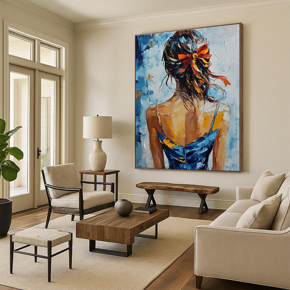 A large abstract painting featuring an elegant woman in a blue and yellow dress with red ribbons against a soft blue and white background.STSC879
