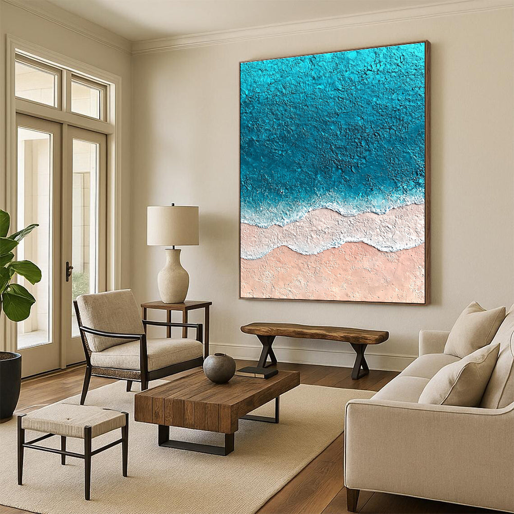 Large abstract painting featuring textured sand and vibrant blue sea with soft watercolor gradients creating an immersive oceanic experience.STSC1428