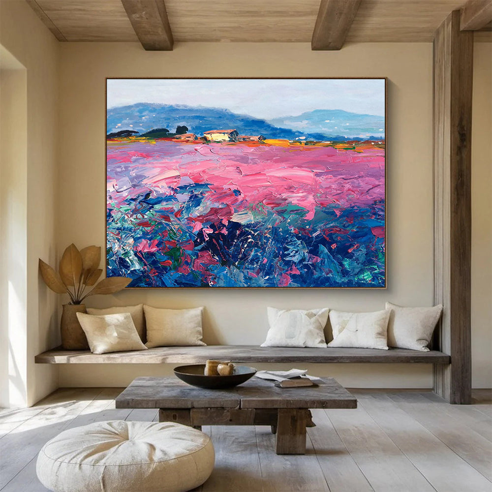 Pink Field with Houses Abstract Painting THY450