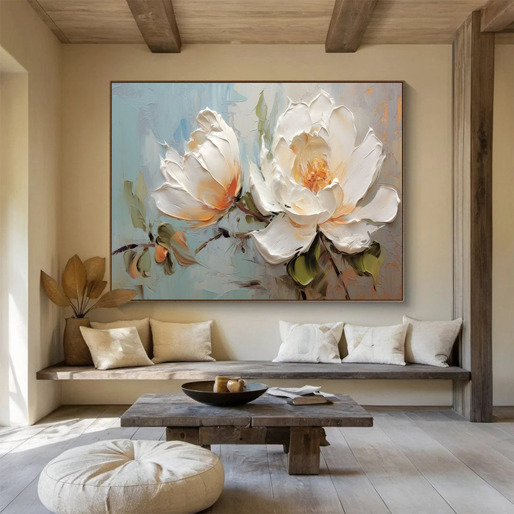 White Peony Textured Abstract Painting with White, Orange, and Green Tones THY174