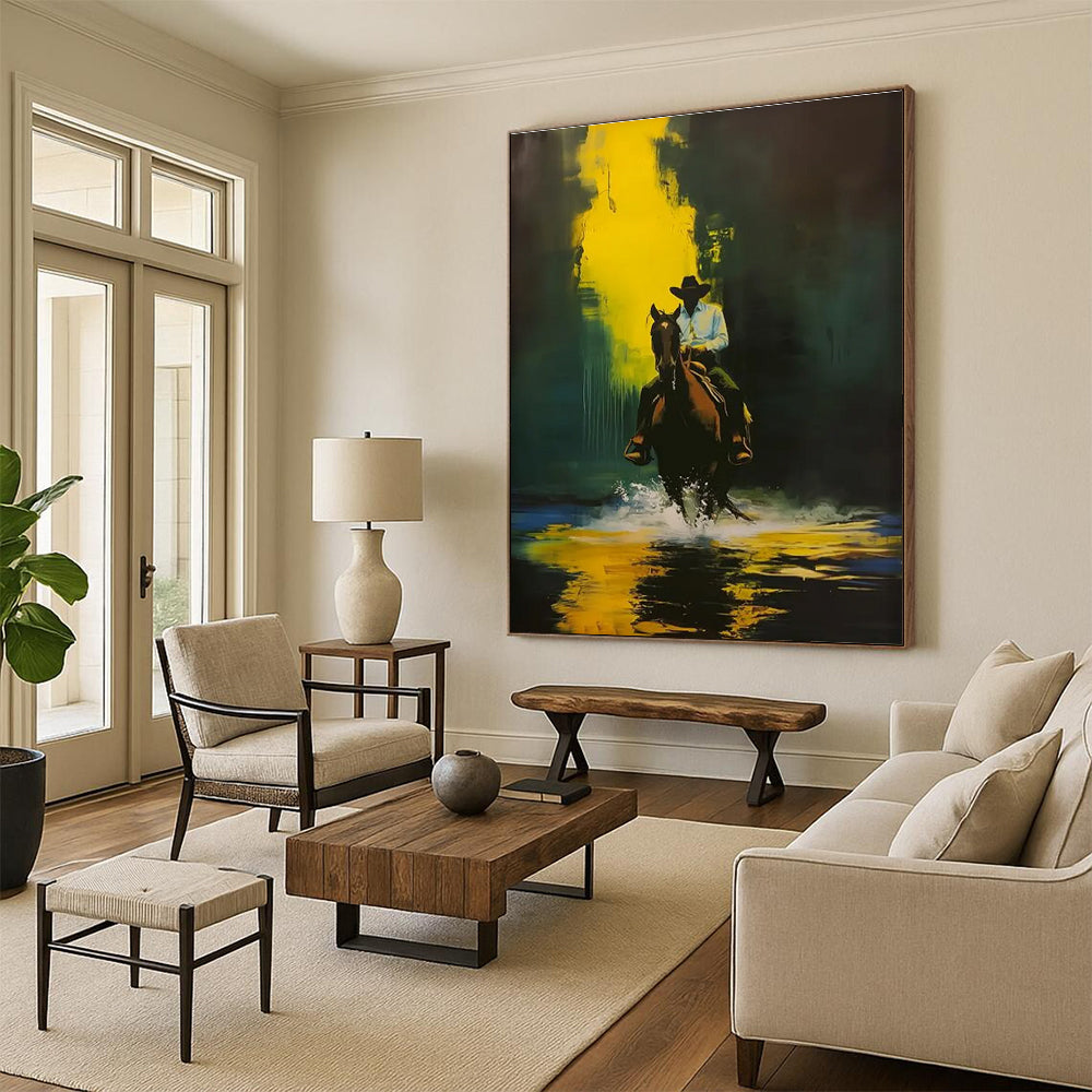 Cowboy on Horse in Yellow and Green Abstract Painting ADGE104