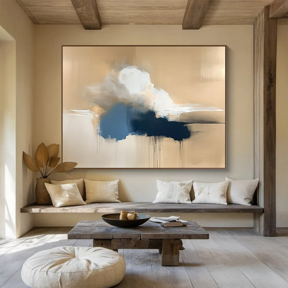 Gold and Blue Cloud Abstract Painting with Dripping Textures DYP319