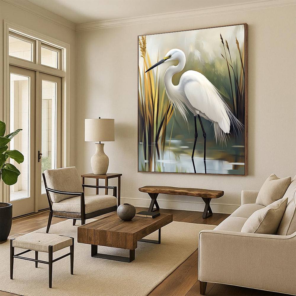 Abstract painting of an egret in a serene marsh setting featuring soft feather textures and tranquil green and gray hues.STSC1293