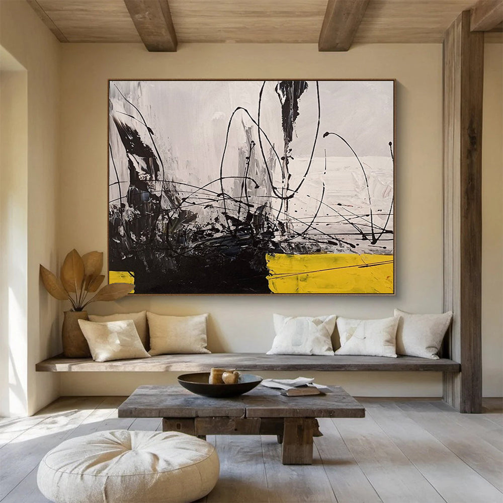 Black White Yellow Abstract Painting THY008