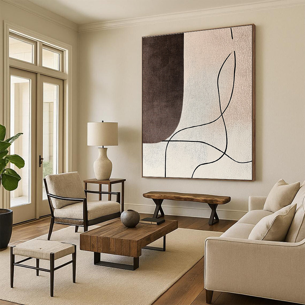 Brown and Beige Abstract Painting with Curved Black Lines GER181