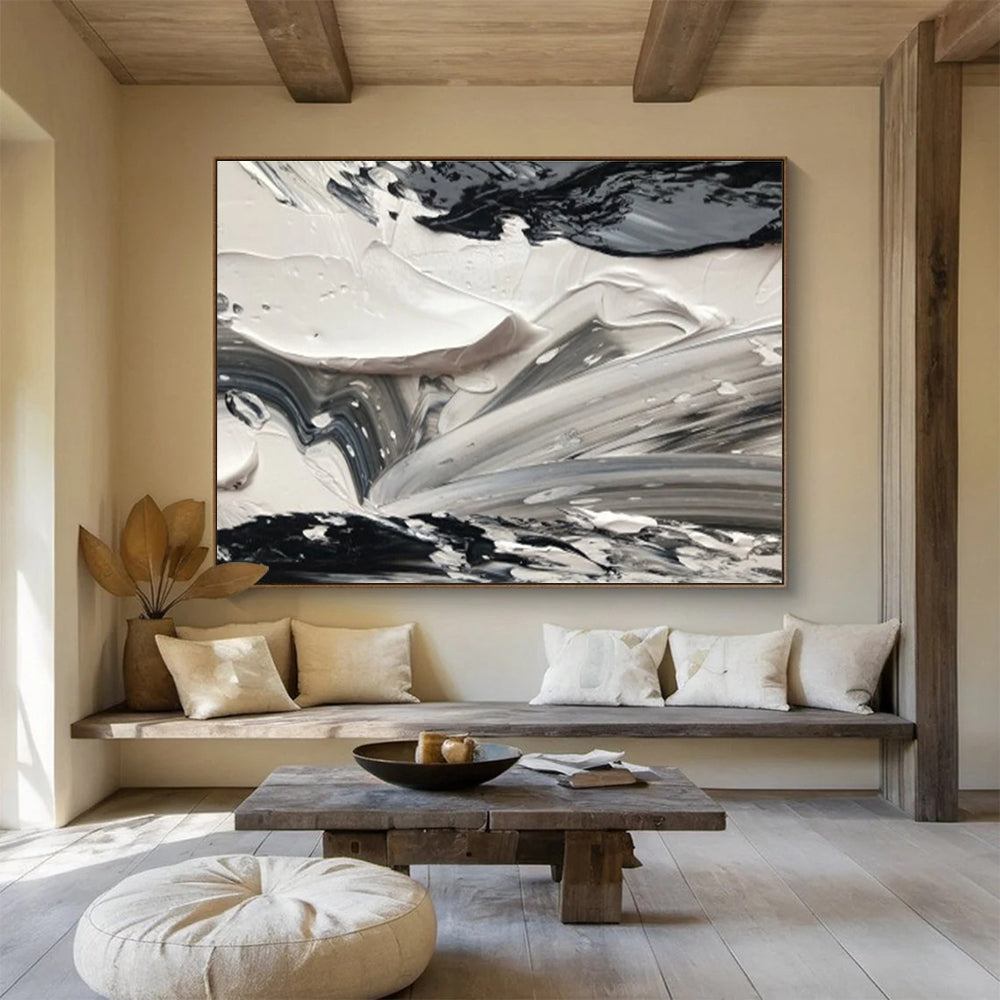 Monochrome Texture Abstract Painting with Black and White Swirls THY314