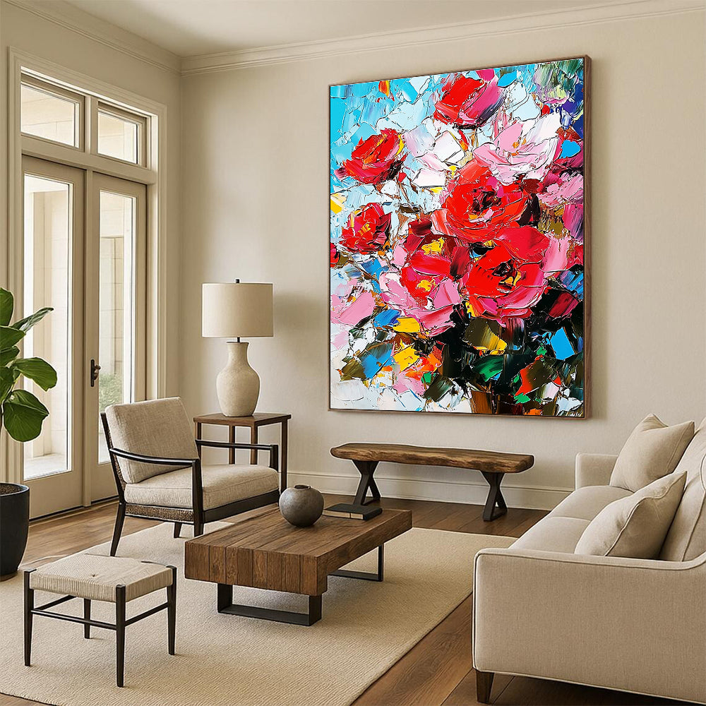 Large abstract painting featuring red roses with a palette knife technique showcasing high-contrast pink and blue hues on canvas.STSC927