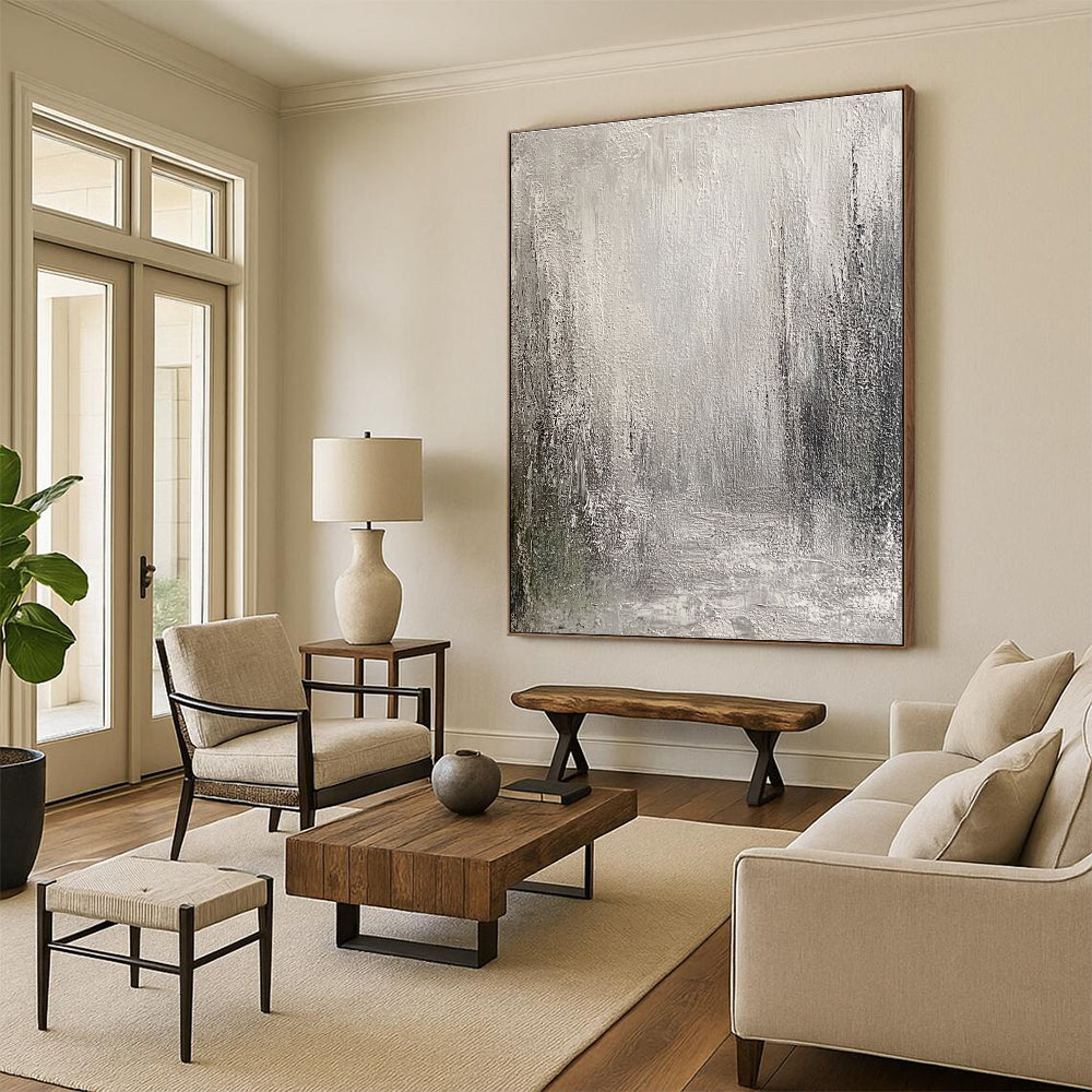 Large abstract painting featuring an atmospheric urban landscape in muted grey and white tones with heavy texture and a mysterious depth.STSC487