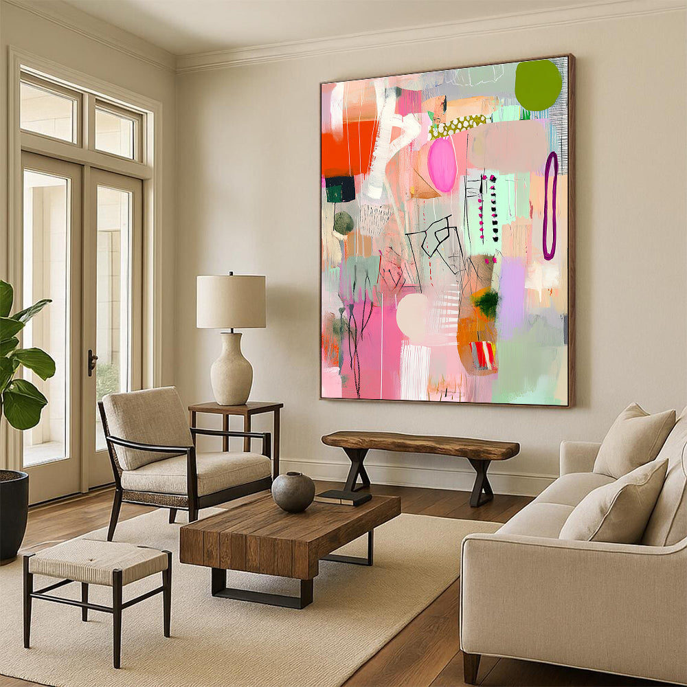 Large abstract painting in pink and green with playful textures stripes and shapes creating a joyful celebration atmosphere perfect for any space.STSC1040