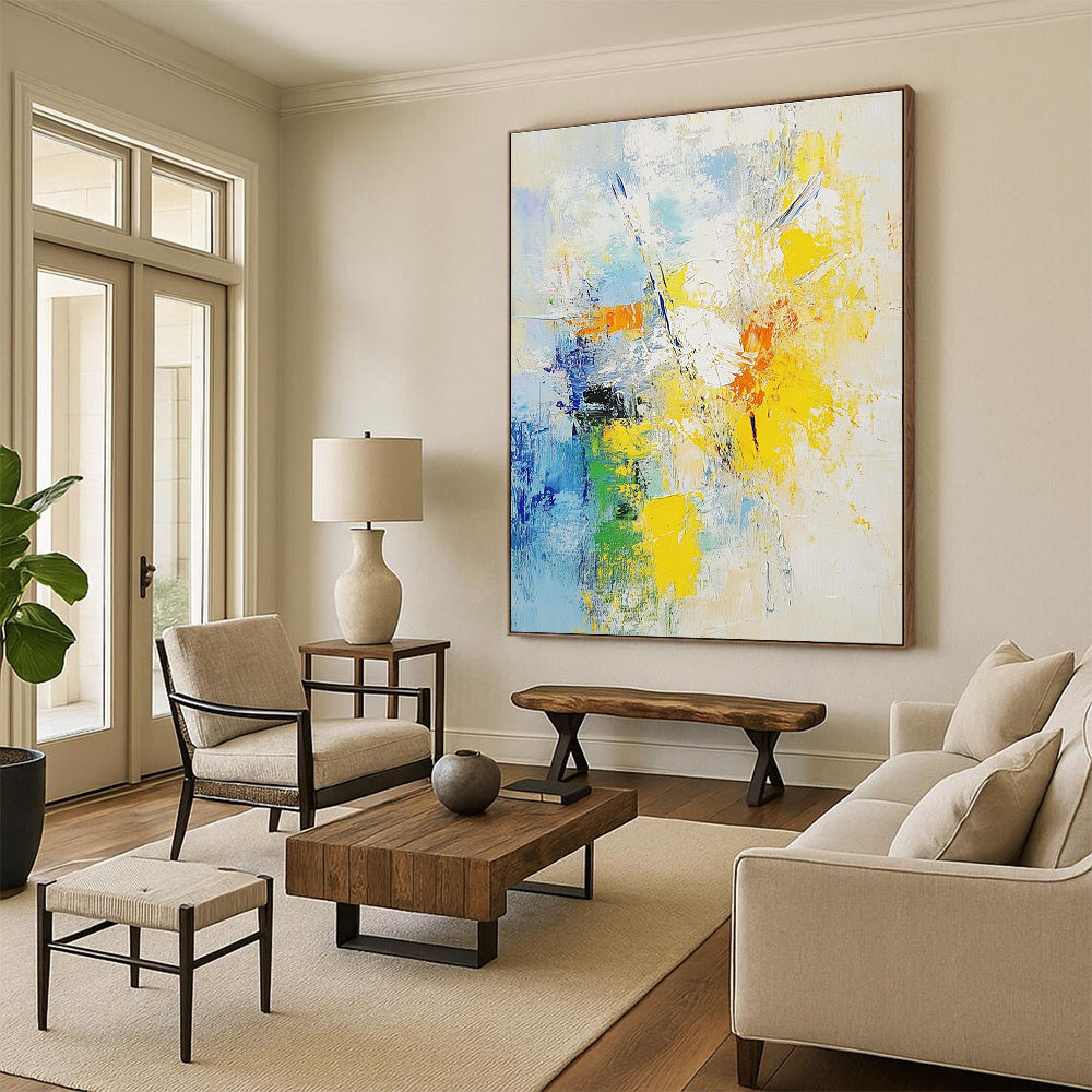Blue and Yellow Abstract Painting with Energetic Splashes GER486