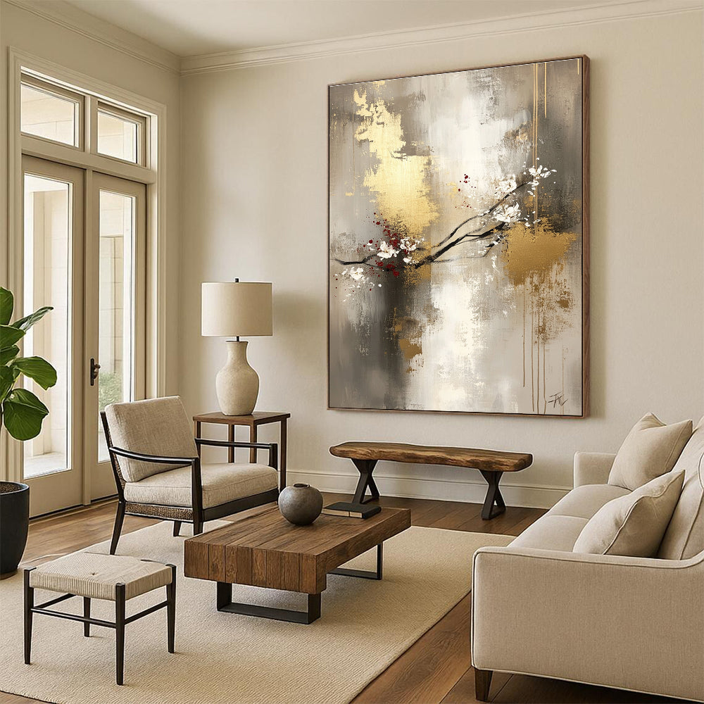 Large abstract painting featuring light gray and gold tones with delicate floral arrangements and a mysterious atmosphere on a spacious canvas.STSC434