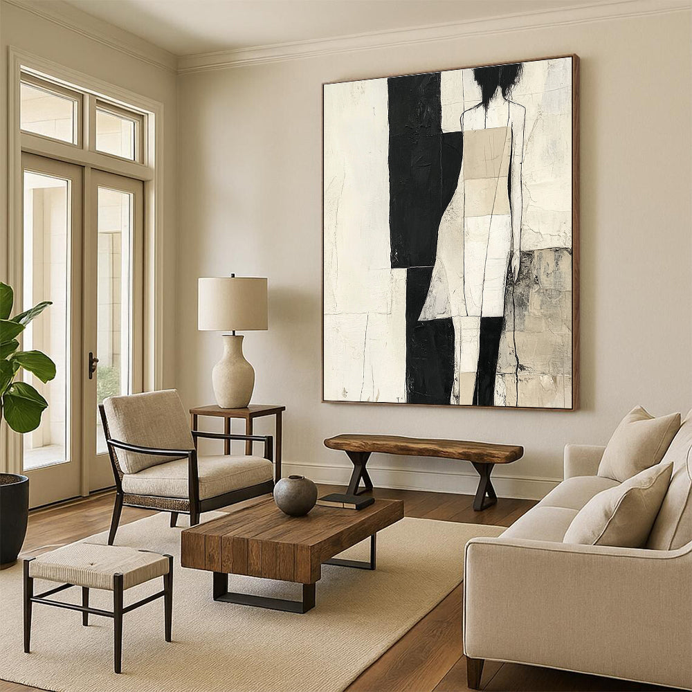 Large abstract painting in black and white with gray and beige strips against a soft cream background inspired by various artistic styles.STSC674