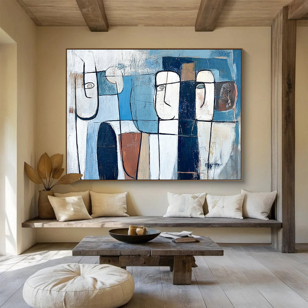 Geometric Faces Abstract Painting with Blue and Earthy Tones DYP348