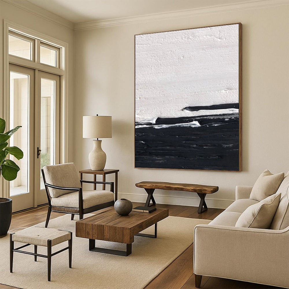 Black and White Horizontal Textured Abstract Painting ADGE402