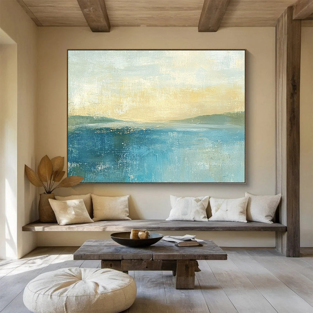 Abstract painting featuring soft colors in muted blues and greens with a pale yellow sky gentle horizon and serene sea.SC085
