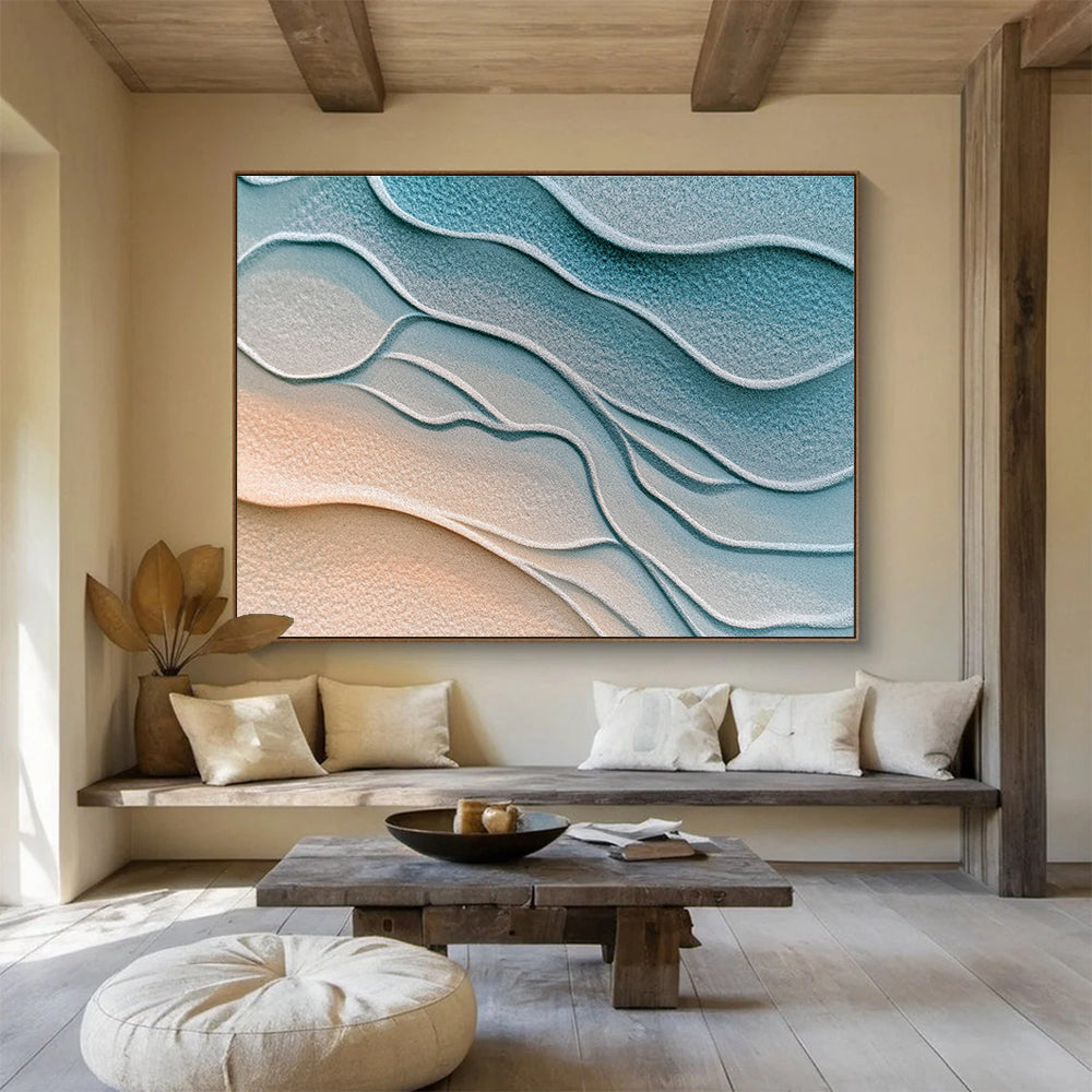 This abstract painting portrays textured Martian sand in soft light blue and gray hues, creating a serene and tranquil atmosphere with gentle ripples.SC452