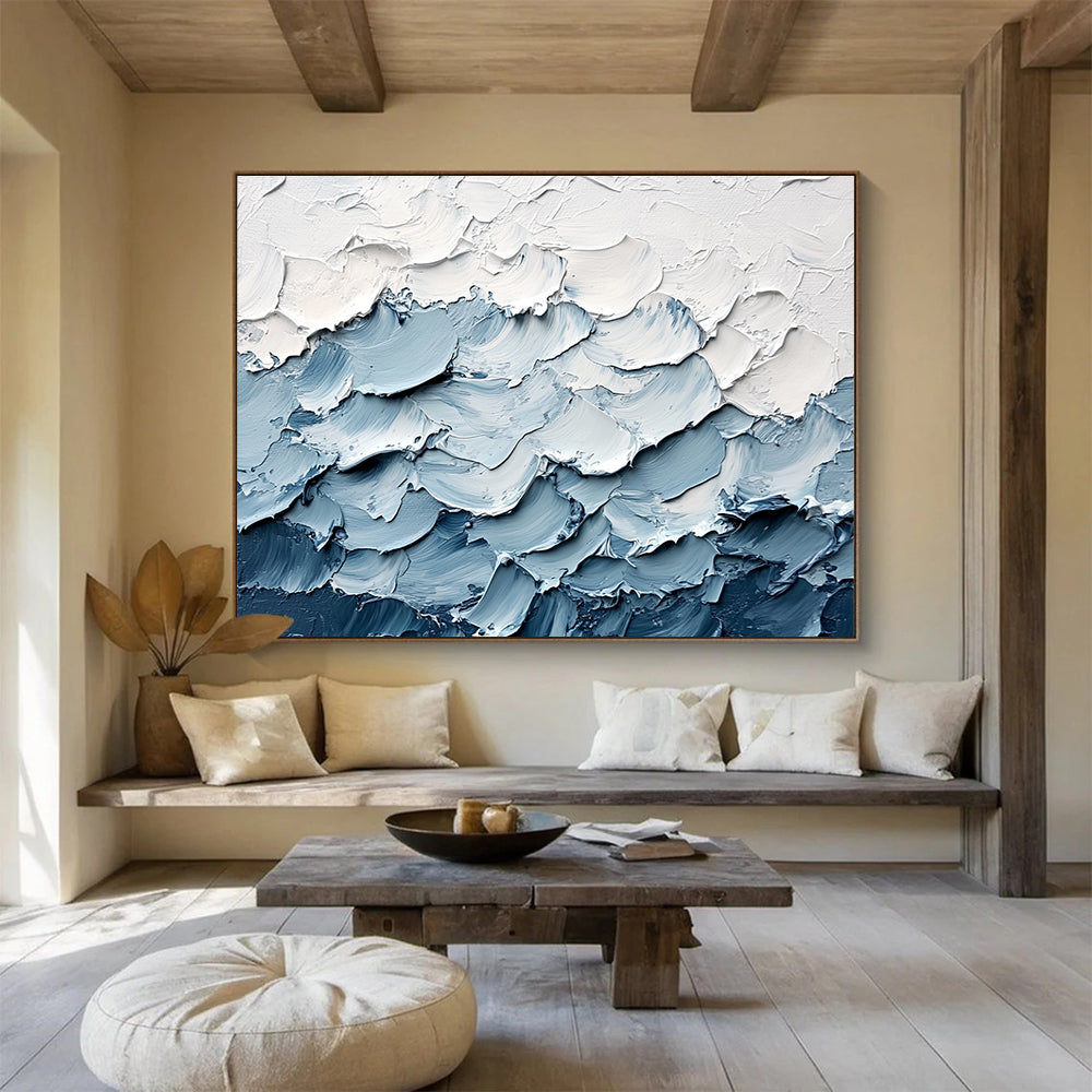 Textured Blue Waves Abstract Painting with Thick Brushstrokes DYP364